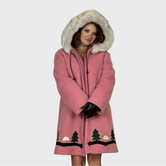 Jackets & Blazers - Pink Hooded Inuit Parka with Fur Trim